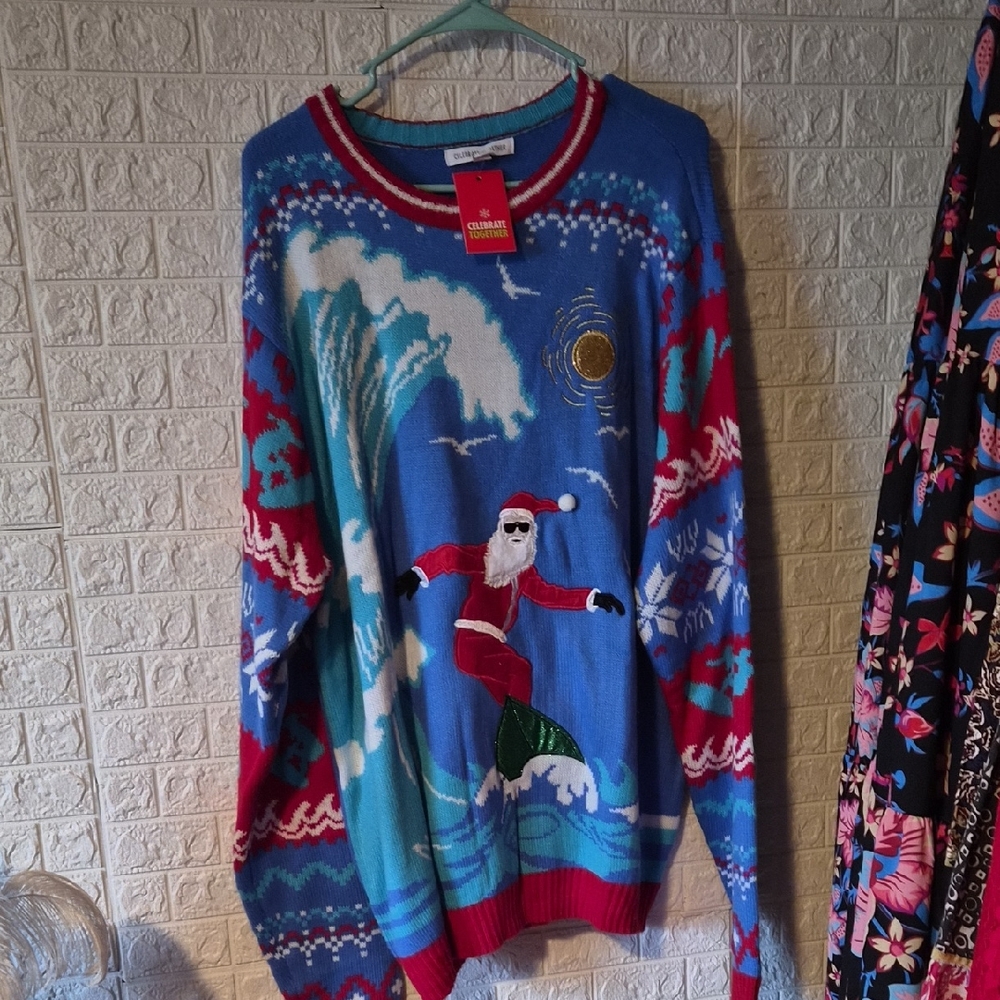 Holiday Time Blue and Red Santa Surfing Sweater